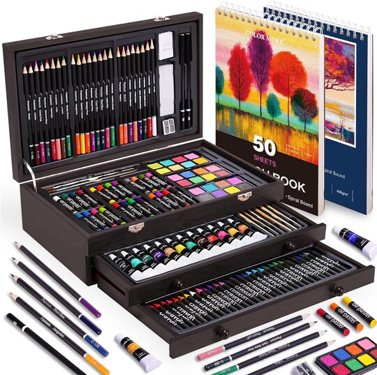 175 Piece Deluxe Art Set with 2 Drawing Pads, Acrylic Paints, Crayons, Colored Pencils, Paint Set in Wooden Case, and Professional Art Kit.Art supplies for adults, teenagers, and artists, paint supplies